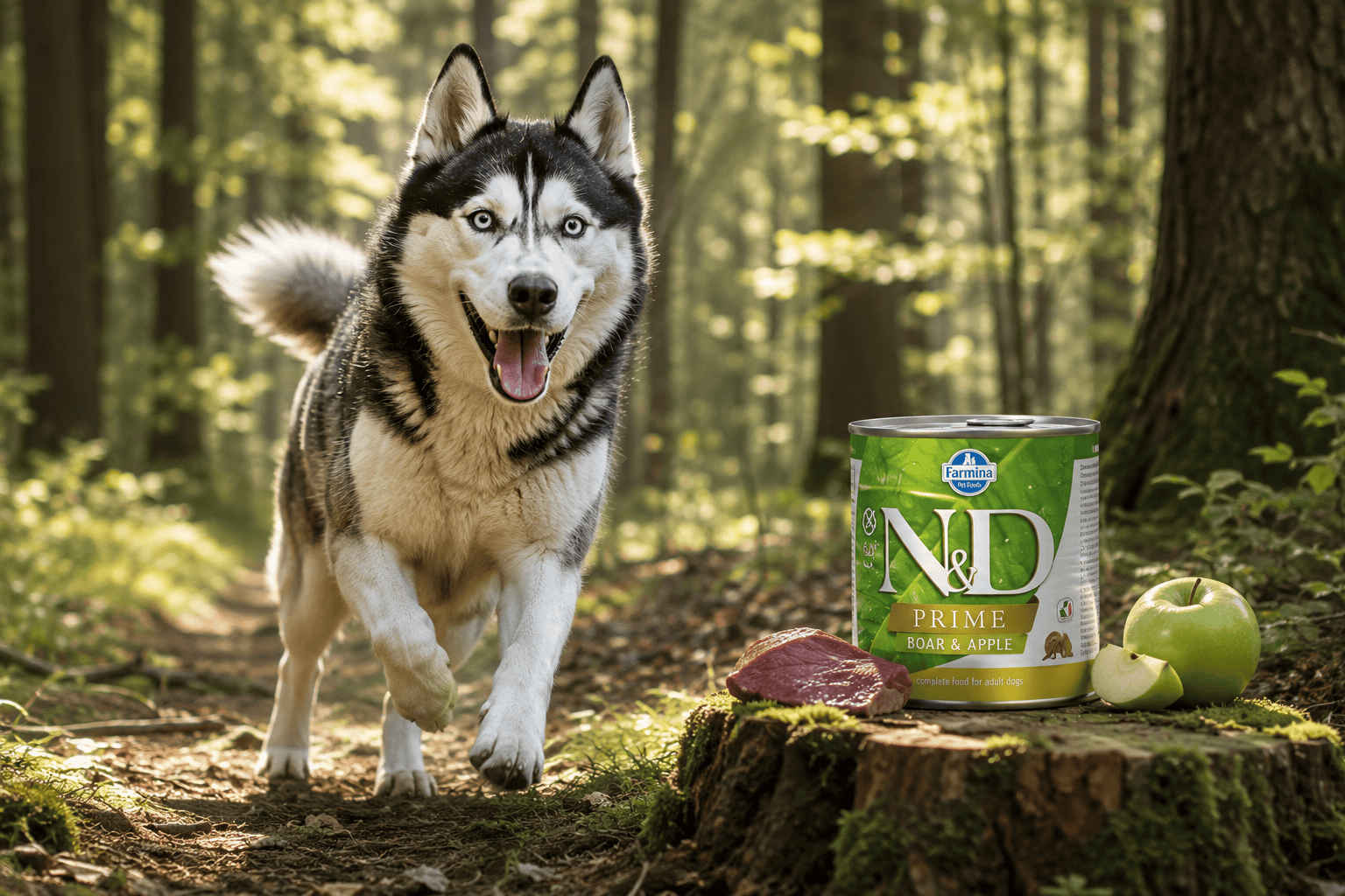 Šťastný husky v lesním běhu